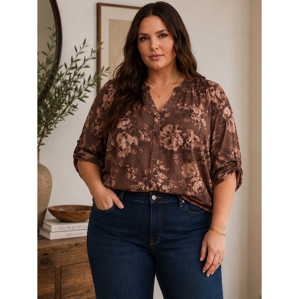 Torrid Harper Blouse  2 Brown Floral Rose Georgette Roll Tab Pullover Top nwt